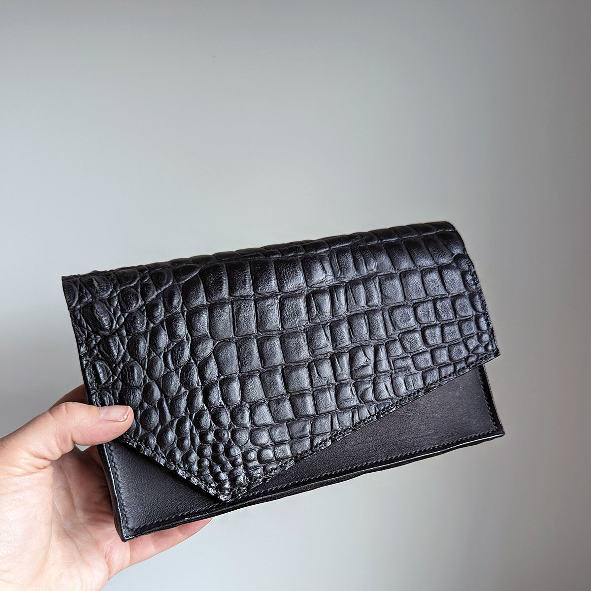 Handsewn Two-Tone Handbag, Black Croc/Matte Black Leather