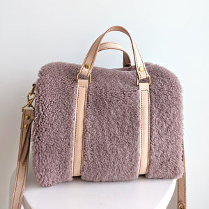 Mini Duffle in Lilac Shearling, Wine, and Vegetable Tanned Leather with Strap