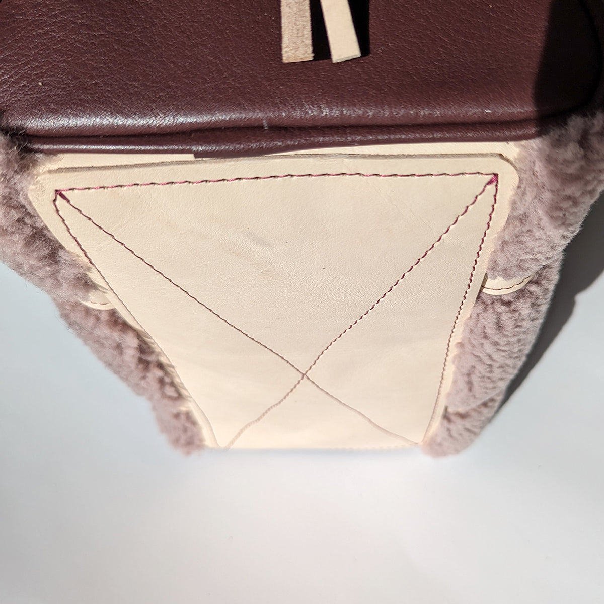 Mini Duffle in Lilac Shearling, Wine, and Vegetable Tanned Leather with Strap