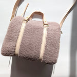 Load image into Gallery viewer, Mini Duffle in Lilac Shearling, Wine, and Vegetable Tanned Leather with Strap
