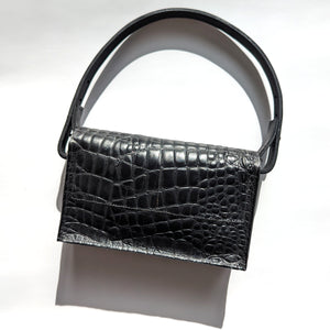 Handsewn Two-Tone Handbag, Black Croc/Matte Black Leather