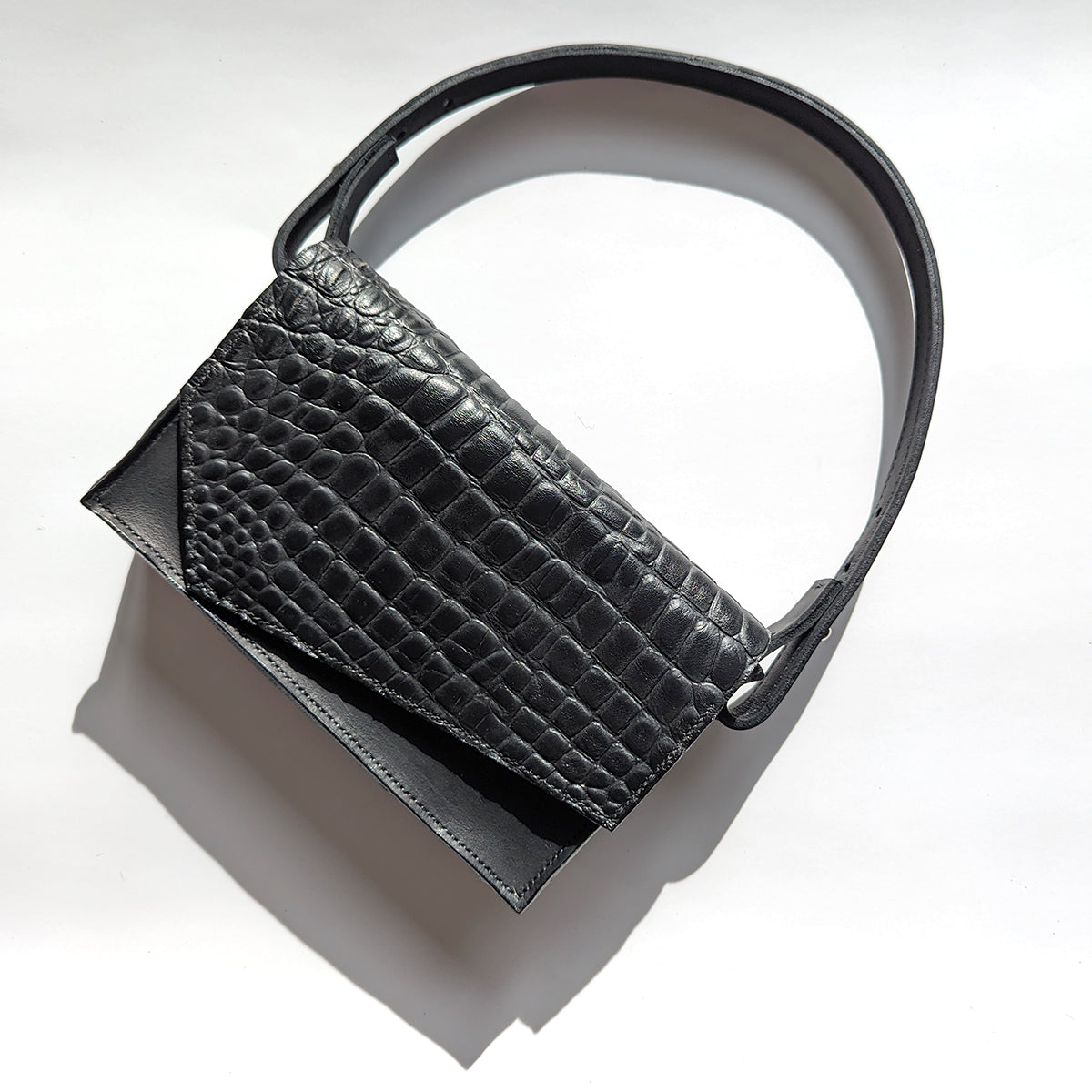 Handsewn Two-Tone Handbag, Black Croc/Matte Black Leather