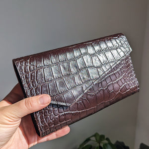 Wine Croc Embossed Leather Clutch, Handsewn