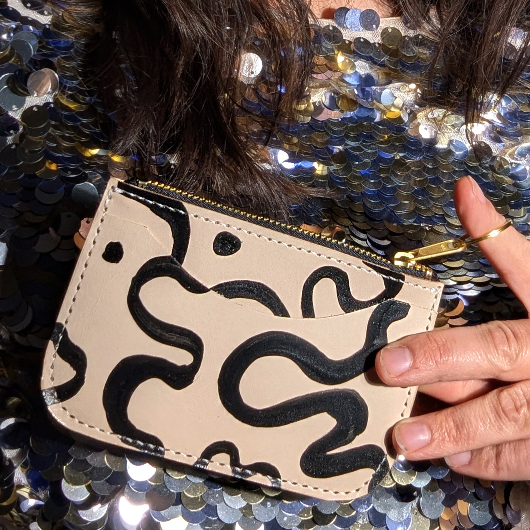 Handpainted Zippy Two Pocket Pouch with Keychain