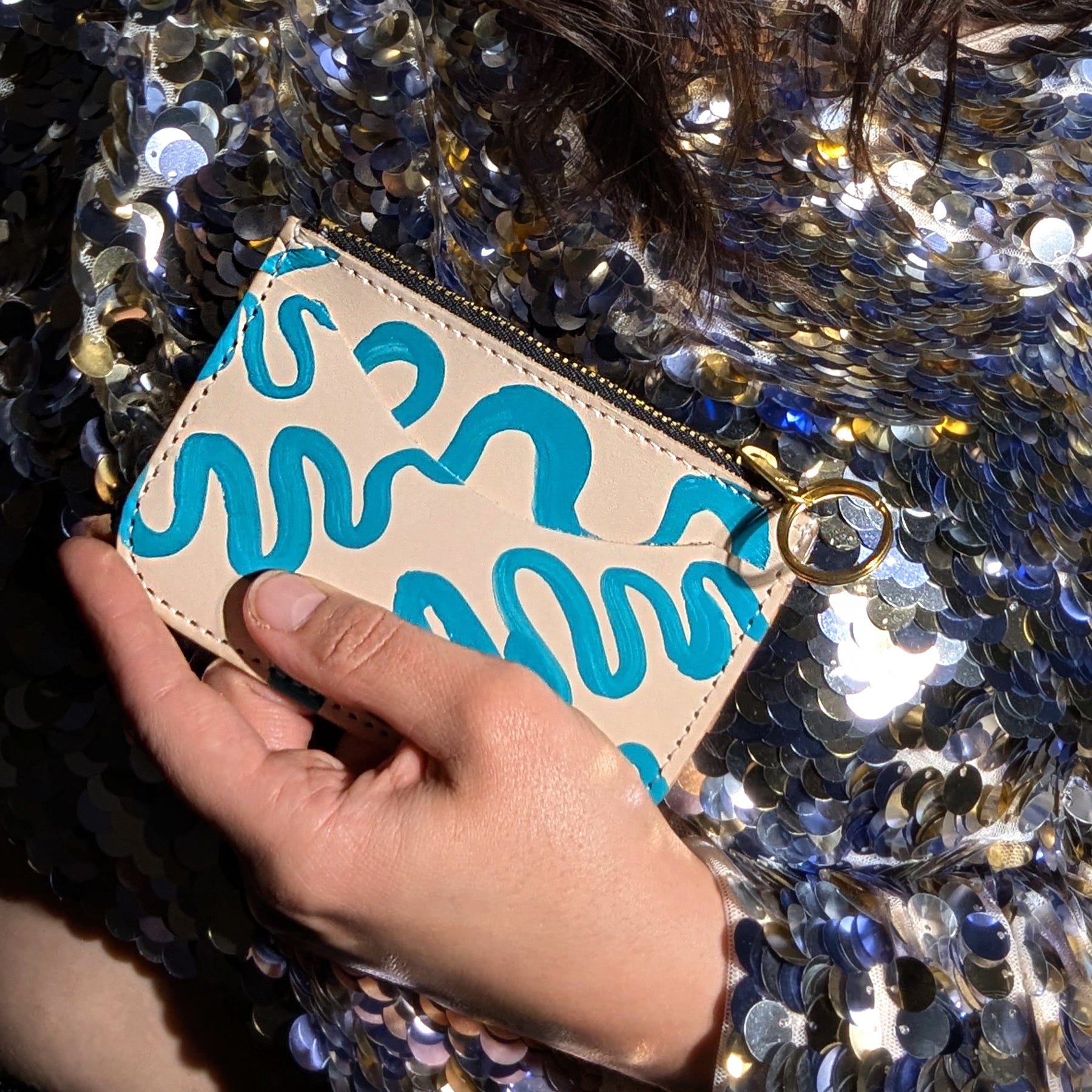 Handpainted Zippy Two Pocket Pouch with Keychain