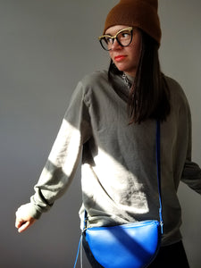 Beanie Wearing Woman wearing Cobalt Mini Slice Purse Directive